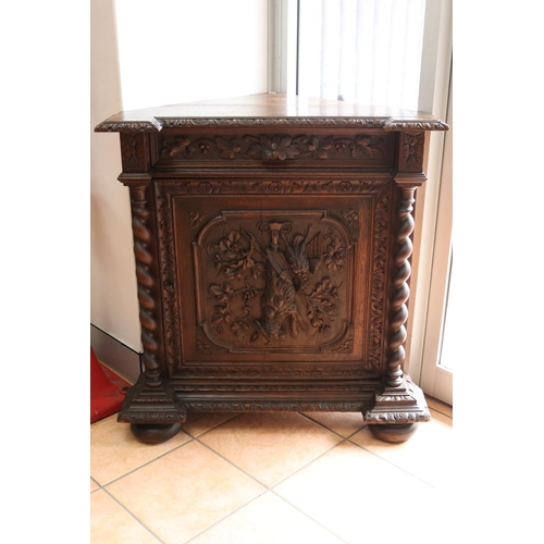 133 - Antique French Henri II Renaissance revival corner cupboard, game trophy carved to door, approx 93cm... 