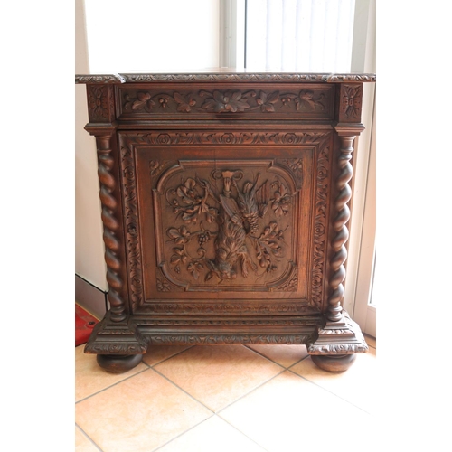 133 - Antique French Henri II Renaissance revival corner cupboard, game trophy carved to door, approx 93cm... 