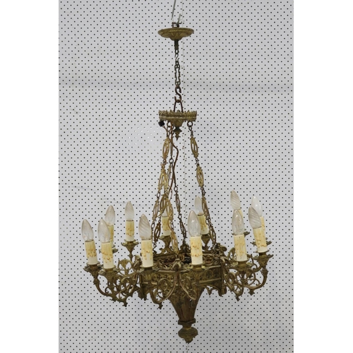 137 - Antique French Gothic revival thirteen light gilt spelter chandelier, approx 100cm H x 61cm dia