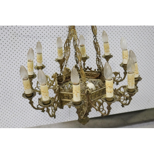 137 - Antique French Gothic revival thirteen light gilt spelter chandelier, approx 100cm H x 61cm dia