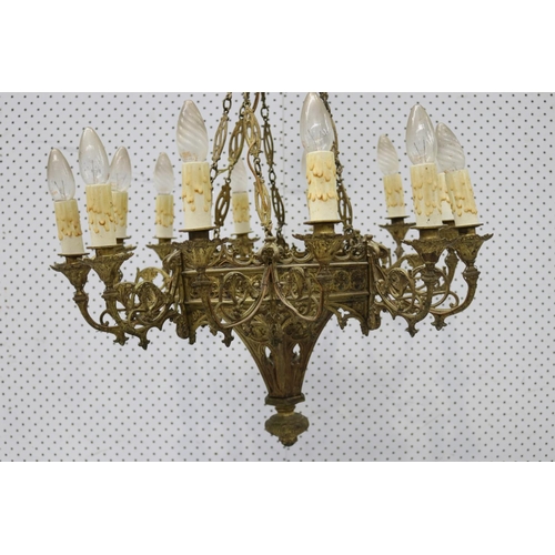 137 - Antique French Gothic revival thirteen light gilt spelter chandelier, approx 100cm H x 61cm dia