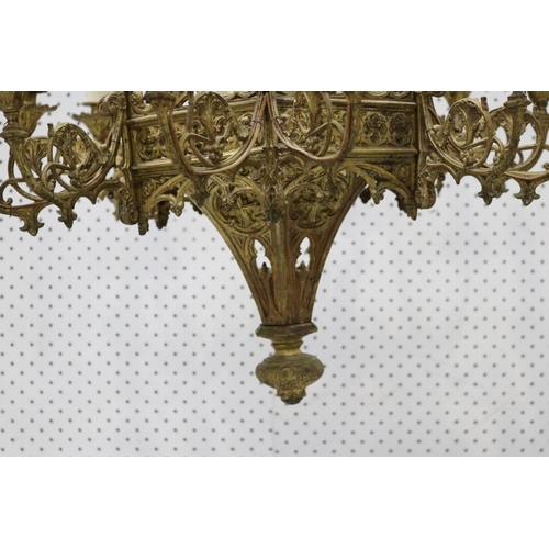 137 - Antique French Gothic revival thirteen light gilt spelter chandelier, approx 100cm H x 61cm dia