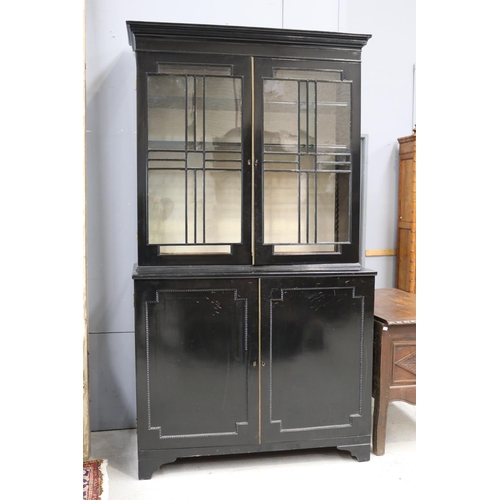 157 - Georgian mahogany bookcase cabinet painted black, approx 224cm H x 122cm W x 56cm D