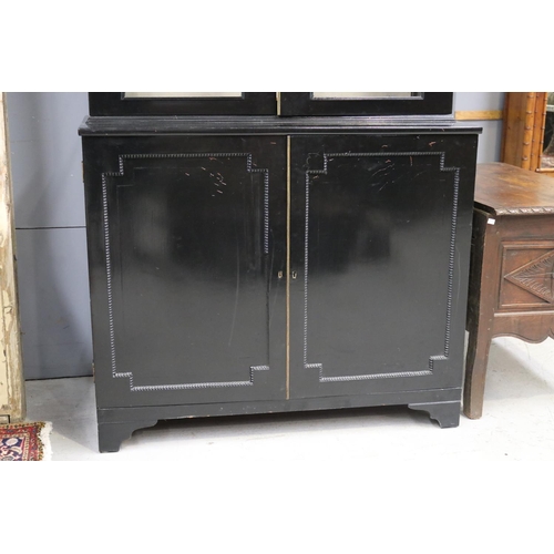 157 - Georgian mahogany bookcase cabinet painted black, approx 224cm H x 122cm W x 56cm D