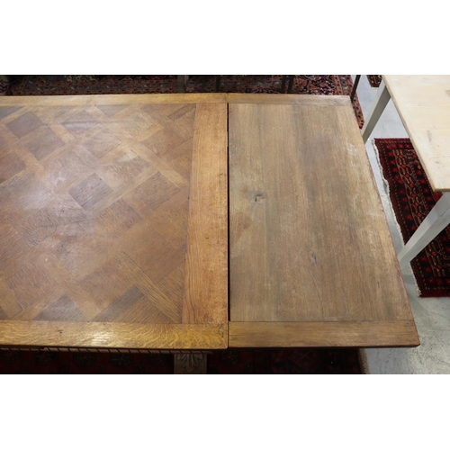 230 - Large vintage French oak parquetry drawer leaf table (plain oak leaves), standing on large bulbous s... 