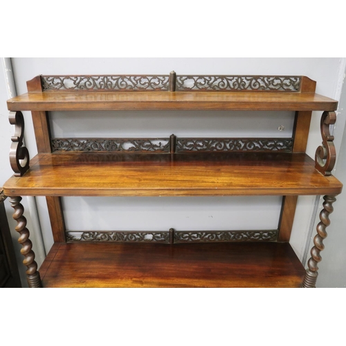 232 - Antique French mahogany string inlaid four tiered servery, with fret work backing and barley twist s... 