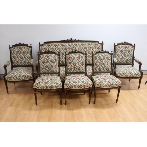 243 - Antique French Louis XVI style six piece lounge suite, comprising of settee, two armchairs & three s... 