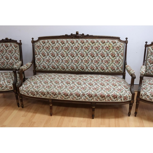 243 - Antique French Louis XVI style six piece lounge suite, comprising of settee, two armchairs & three s... 