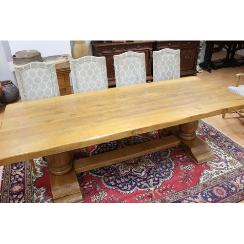 248 - Large French solid oak trestle table, approx 75cm H x 251cm W x 100cm D
