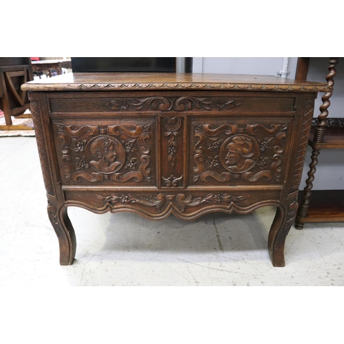 251 - Antique French Louis XV style blanket trunk on outswept legs, carved panel front of busts, approx 75... 