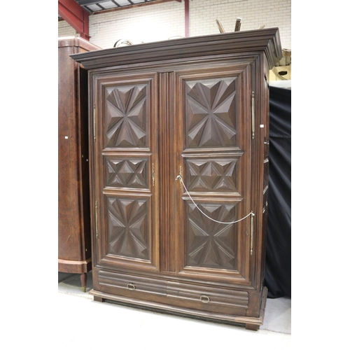 259 - Antique 19th century French armoire, with geometric carved panel doors, two drawers & two doors, app... 