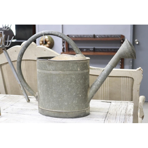 263 - Vintage French gal metal watering can with rose, approx 49cm H (including handle) x 70cm W x 22cm D