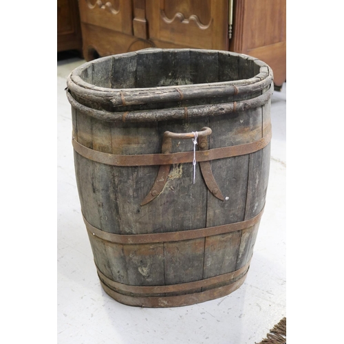 265 - Antique French wooden strapped grape pickers barrel, approx 60cm H x 48cm W x 38cm D (excluding hand... 