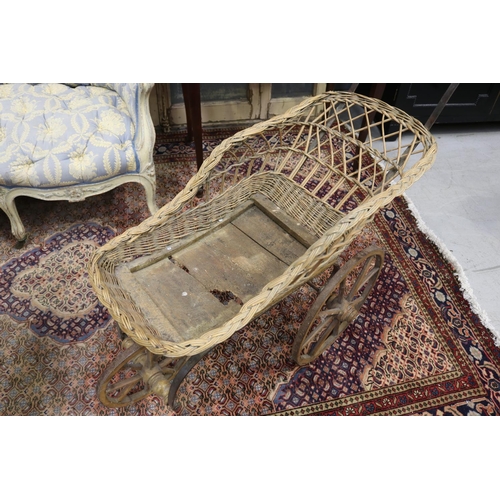 276 - Antique French cane & wooden framed baby carriage, total approx 81cm H x 105cm W x 47cm D or basket ... 