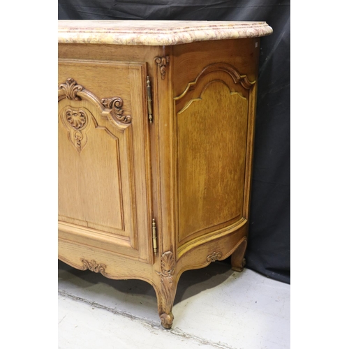 41 - Large vintage French Louis XV style marble top enfilade buffet, four carved panel doors, approx 102c... 