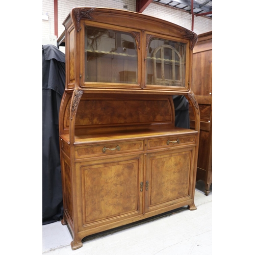 43 - Antique French Art Nouveau two height buffet sideboard, carved supports, wheat motif, two glazed doo... 