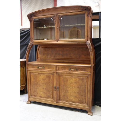 43 - Antique French Art Nouveau two height buffet sideboard, carved supports, wheat motif, two glazed doo... 