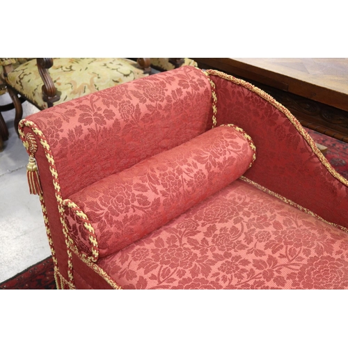56 - Vintage French chaise lounge, red velour upholstery & fringe, single bolster cushion, approx 71cm H ... 