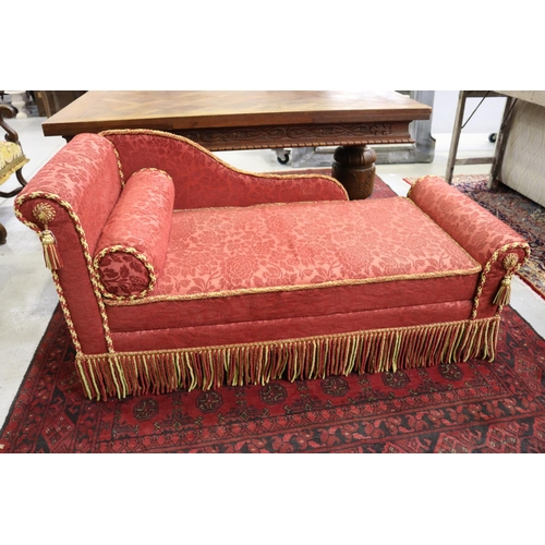 56 - Vintage French chaise lounge, red velour upholstery & fringe, single bolster cushion, approx 71cm H ... 