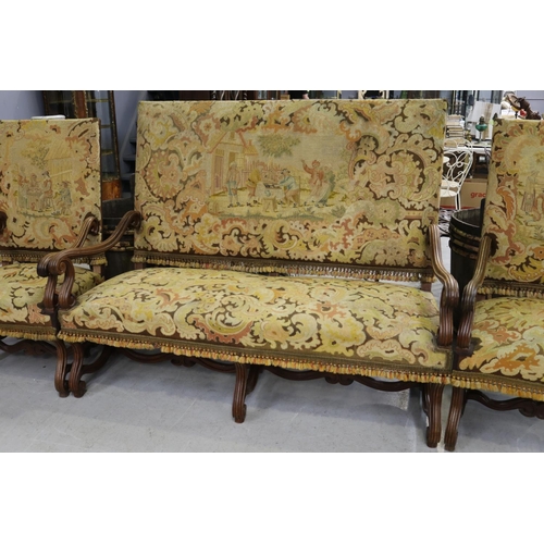 73 - Antique French Louis XIII five piece lounge suite, comprising of settee and four side chairs, all wi... 