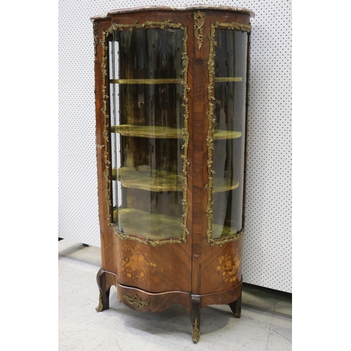 78 - Antique French rosewood Louis XV style marble top marquetry vitrine showcase, shaped front, well cas... 