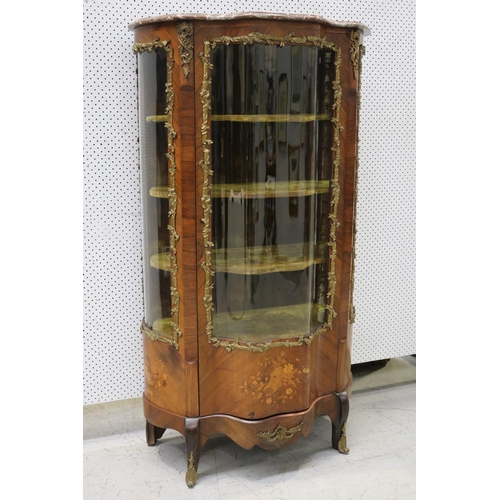 78 - Antique French rosewood Louis XV style marble top marquetry vitrine showcase, shaped front, well cas... 