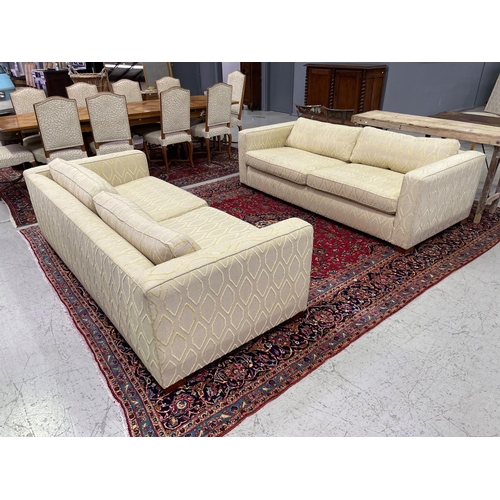 162 - Pair of custom made three seater lounges, with diamond design and cushions, each approx 65cm H x 220... 