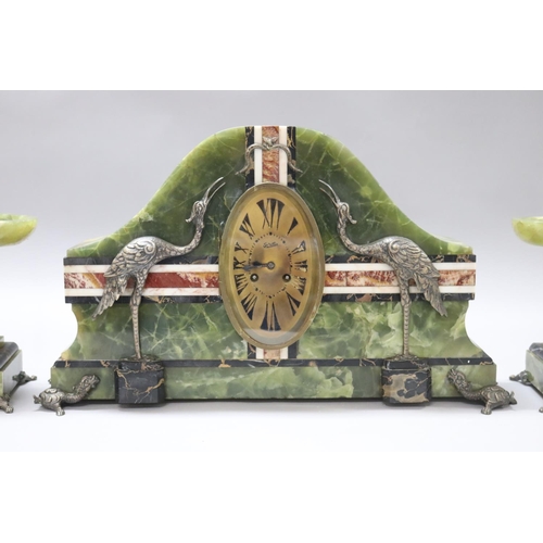 167 - French Art Deco green onyx & marble mantle clock, decorated with silvered bronze birds, with matchin... 