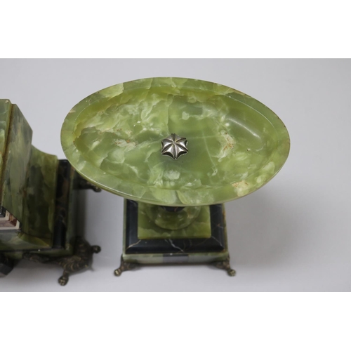 167 - French Art Deco green onyx & marble mantle clock, decorated with silvered bronze birds, with matchin... 