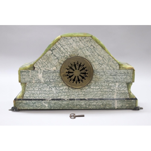 167 - French Art Deco green onyx & marble mantle clock, decorated with silvered bronze birds, with matchin... 