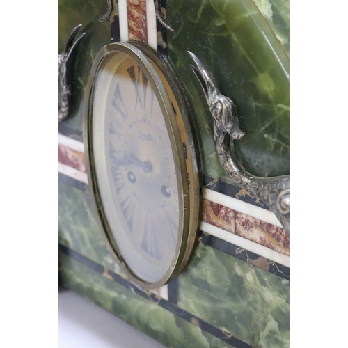 167 - French Art Deco green onyx & marble mantle clock, decorated with silvered bronze birds, with matchin... 