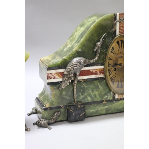 167 - French Art Deco green onyx & marble mantle clock, decorated with silvered bronze birds, with matchin... 