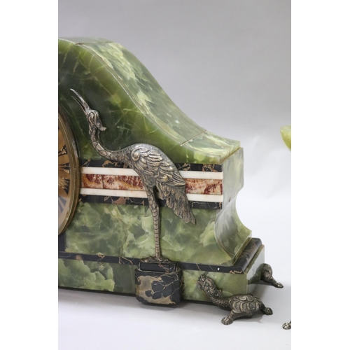 167 - French Art Deco green onyx & marble mantle clock, decorated with silvered bronze birds, with matchin... 