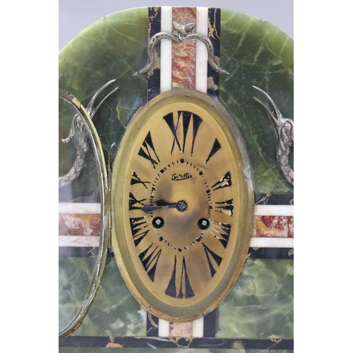 167 - French Art Deco green onyx & marble mantle clock, decorated with silvered bronze birds, with matchin... 