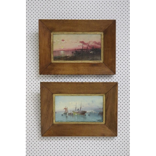 177 - Pair of French school, boat related paintings, one at dusk showing beach scene, the other showing a ... 