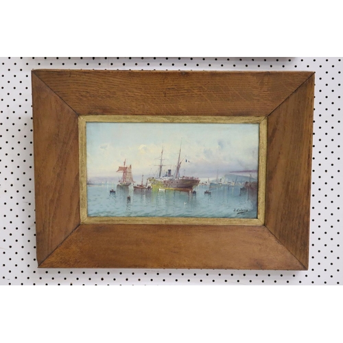 177 - Pair of French school, boat related paintings, one at dusk showing beach scene, the other showing a ... 