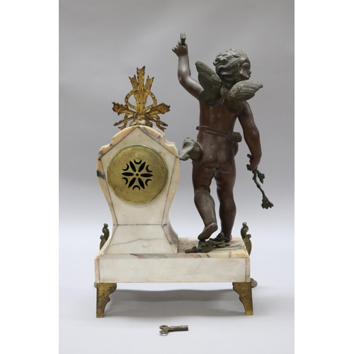 183 - Antique French figural spelter & marble mantle clock, mounted with a putto figure, holding butterfly... 