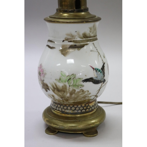 184 - Antique Japanese porcelain vase decorated with birds & flowers, converted to lamp with French fittin... 