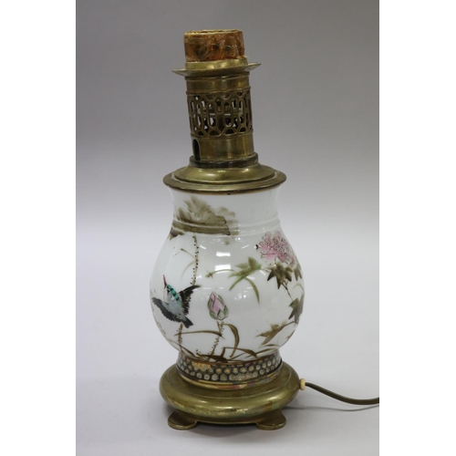 184 - Antique Japanese porcelain vase decorated with birds & flowers, converted to lamp with French fittin... 