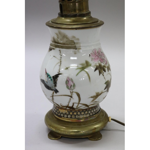 184 - Antique Japanese porcelain vase decorated with birds & flowers, converted to lamp with French fittin... 