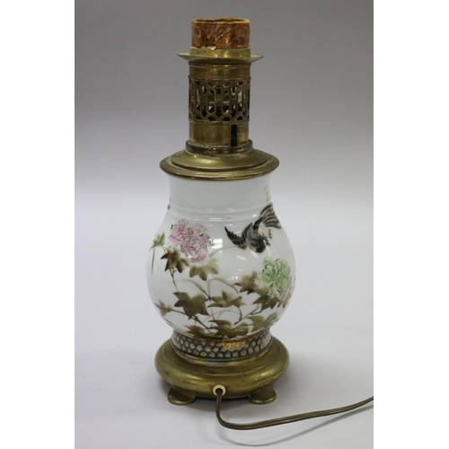 184 - Antique Japanese porcelain vase decorated with birds & flowers, converted to lamp with French fittin... 