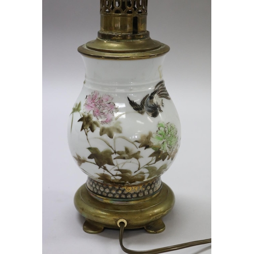184 - Antique Japanese porcelain vase decorated with birds & flowers, converted to lamp with French fittin... 