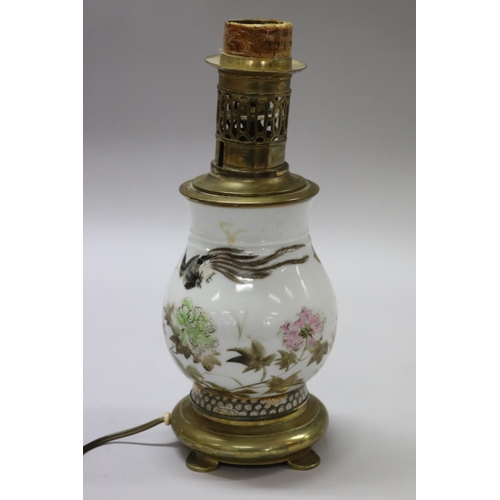 184 - Antique Japanese porcelain vase decorated with birds & flowers, converted to lamp with French fittin... 