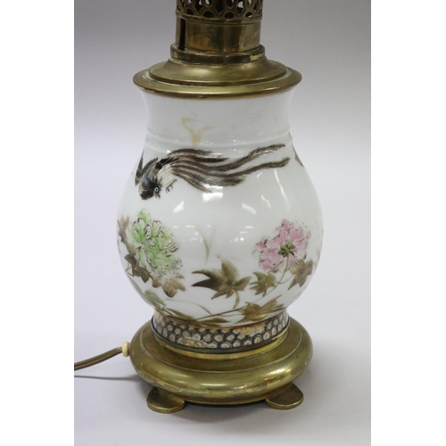 184 - Antique Japanese porcelain vase decorated with birds & flowers, converted to lamp with French fittin... 