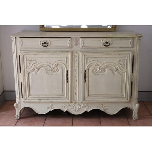 185 - Antique French Louis XV style cream painted two door buffet, approx 97cm H x 142cm W x 60cm D