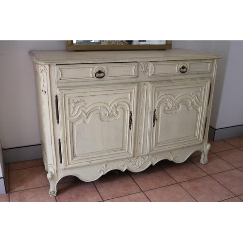 185 - Antique French Louis XV style cream painted two door buffet, approx 97cm H x 142cm W x 60cm D