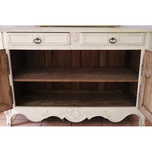 185 - Antique French Louis XV style cream painted two door buffet, approx 97cm H x 142cm W x 60cm D