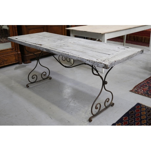 187 - Antique French rustic wooden topped & vintage iron base table, approx 78cm H x 177cm W x 68cm D
