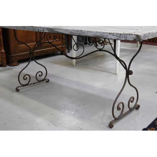 187 - Antique French rustic wooden topped & vintage iron base table, approx 78cm H x 177cm W x 68cm D