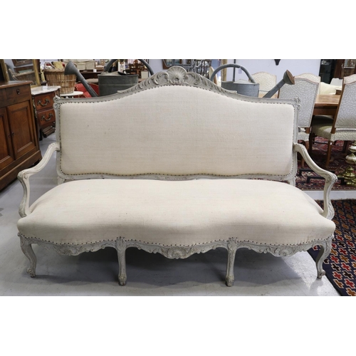 190 - Antique French Louis XV style settee with linen upholstery, approx 118cm H x 186cm W x 83cm D